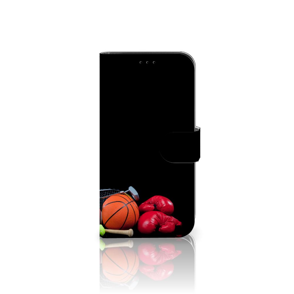 iPhone 13 Pro Wallet Case met Pasjes Sports met sportafbeeldingen zoals basketbal en bokshandschoenen.