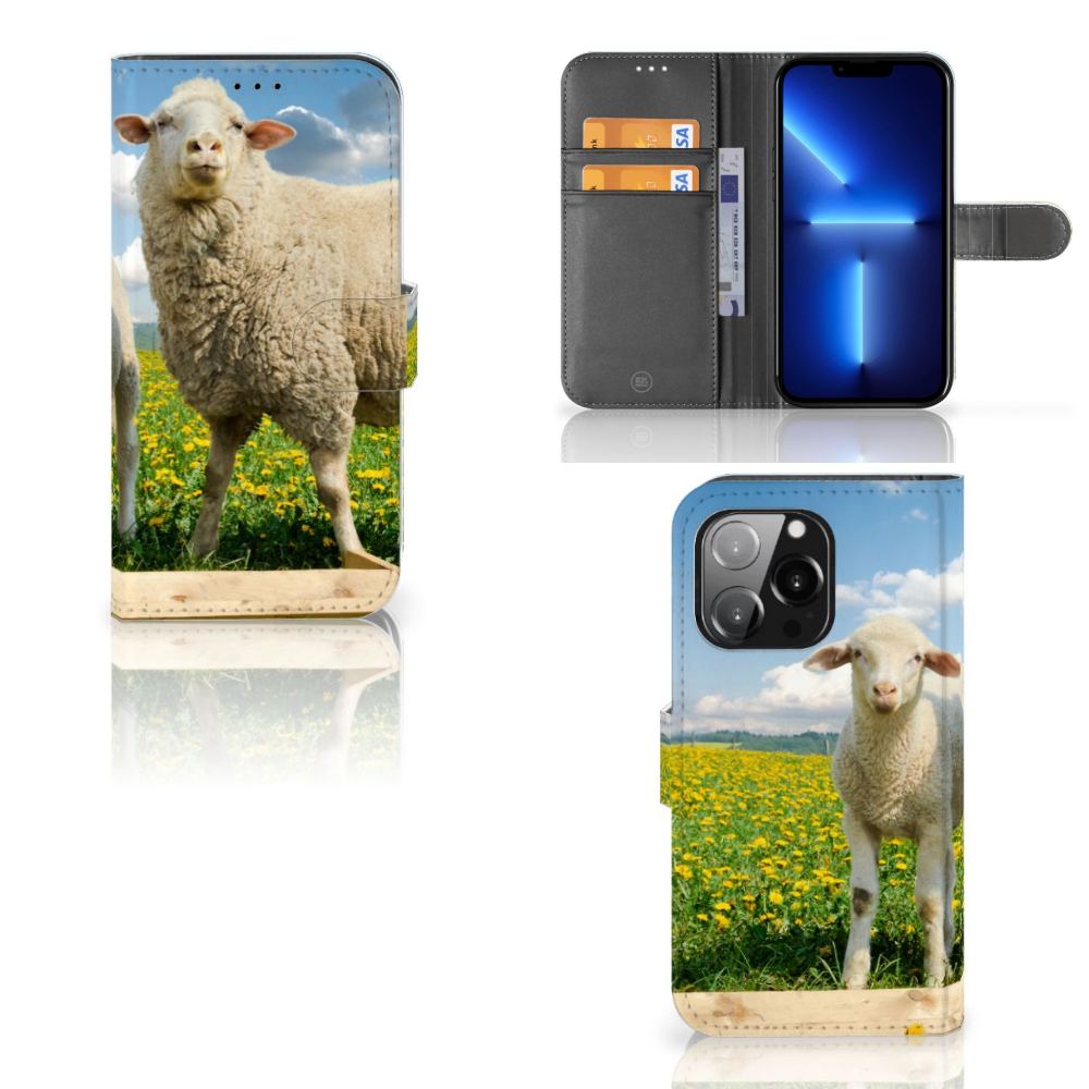 iPhone 13 Pro Telefoonhoesje met Pasjes Schaap en Lammetje met een schapenontwerp op een handige boekhoes.