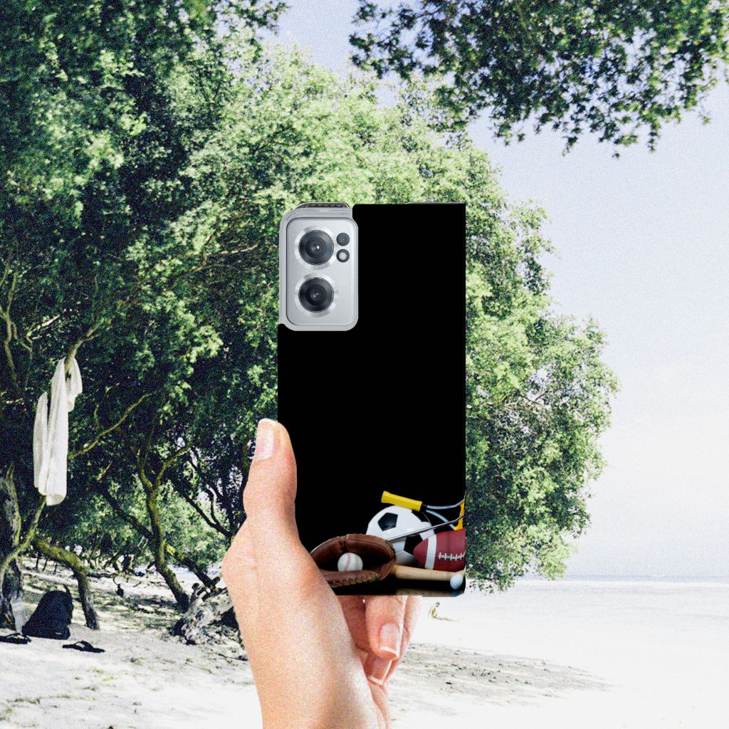 OnePlus Nord CE 2 5G Hippe Standcase Sports featuring various sports images on the beach.