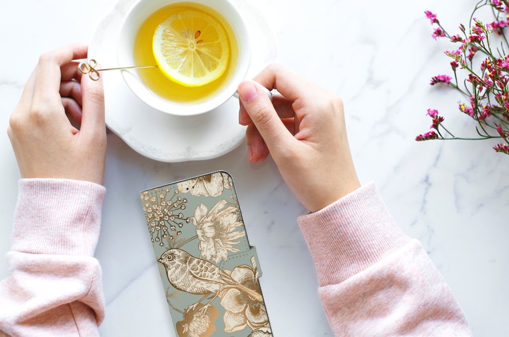 Hoesje voor Samsung Galaxy A14 5G Vintage Bird Flowers met bloemen- en vogelontwerp op tafel bij thee.