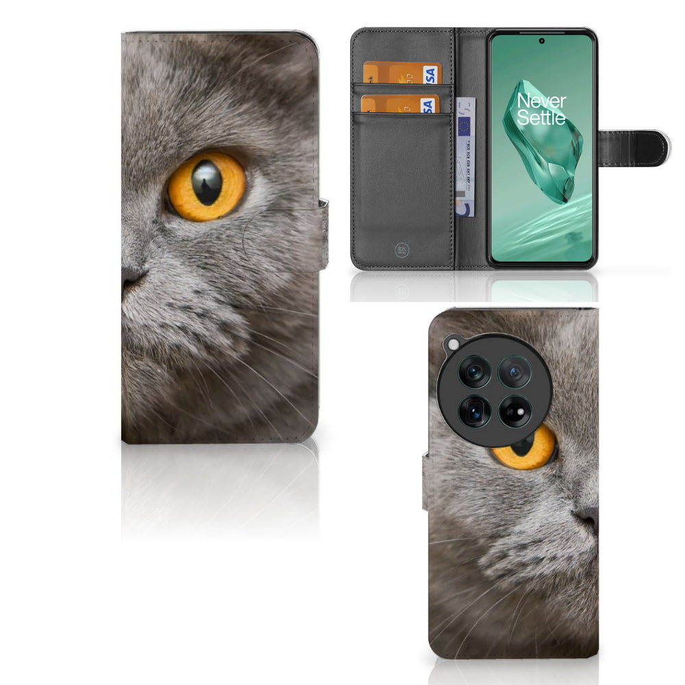 Telefoonhoesje met Pasjes OnePlus 12 Britse Korthaar met indrukwekkend kattenoog ontwerp