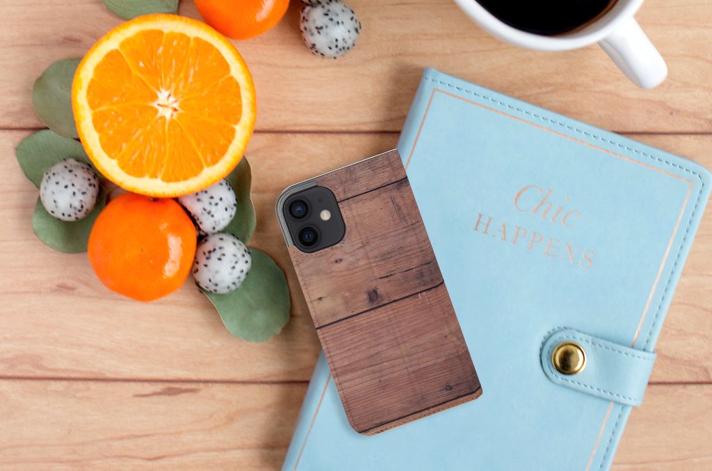 iPhone 12 Mini Book Wallet Case Old Wood - B2C Telecom