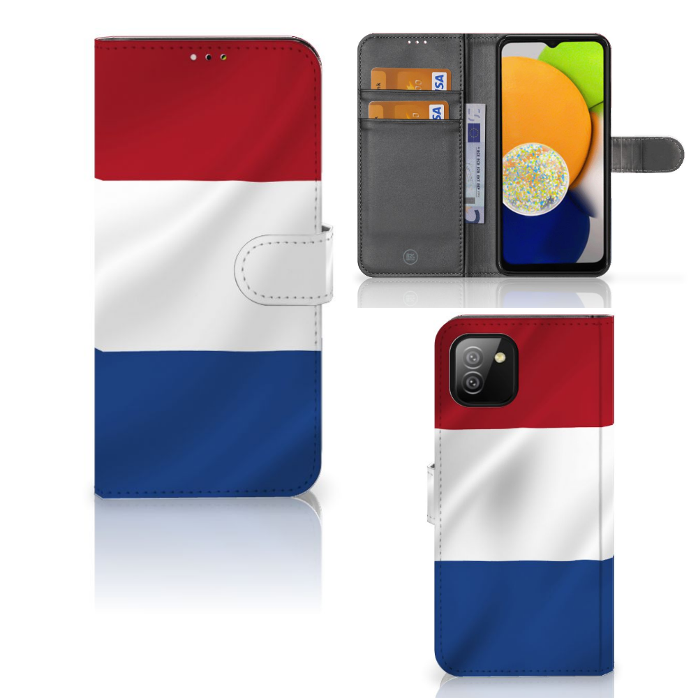 Samsung Galaxy A03 Bookstyle Case Nederlandse Vlag met artistiek ontwerp van de Nederlandse vlag en ruimte voor pasjes.