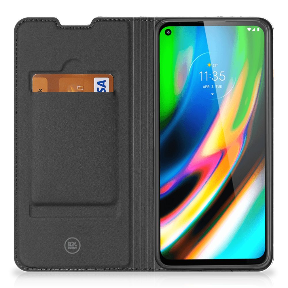 Motorola Moto G9 Plus Standcase Marmer Wit Zwart - Origineel Cadeau Man