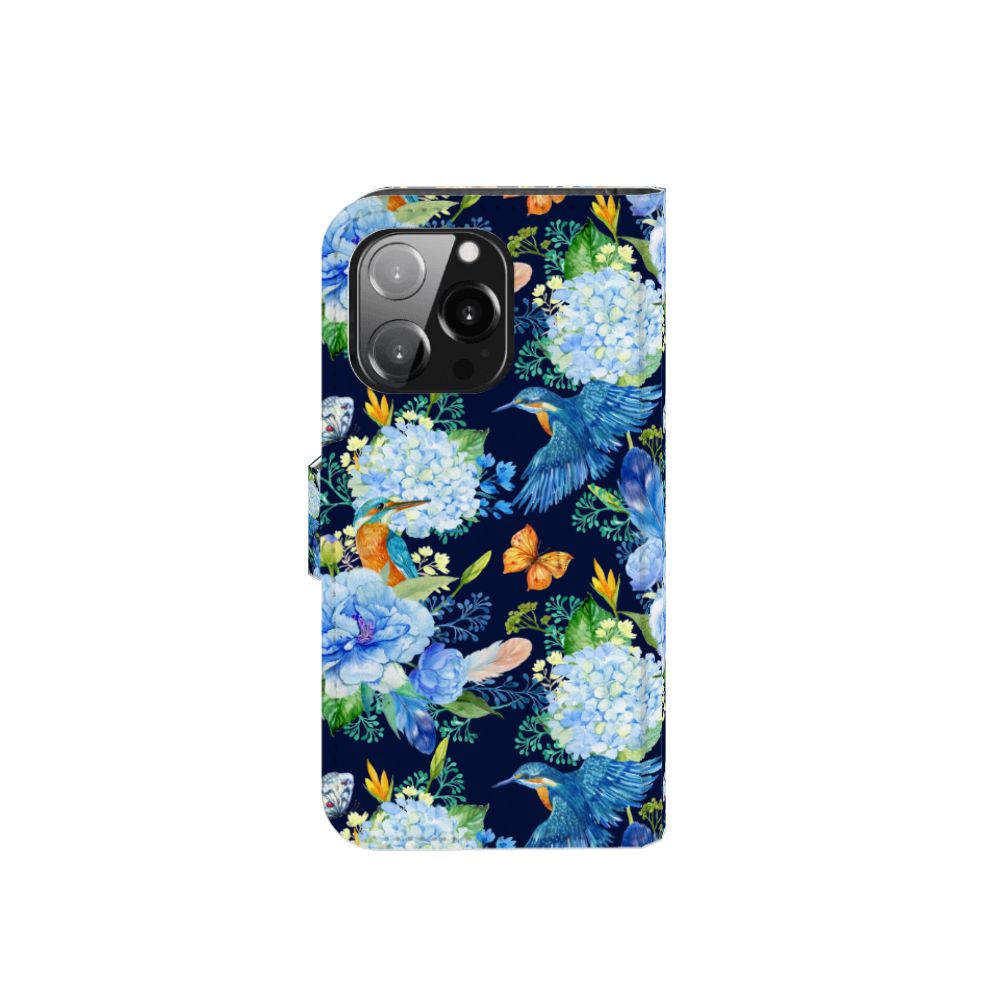 Telefoonhoesje met Pasjes voor iPhone 13 Pro IJsvogel met bloemen en vlinders design 🌼🦅