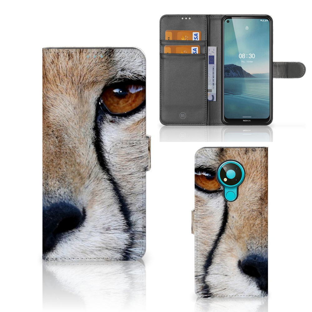 Nokia 3.4 Telefoonhoesje met Pasjes Cheetah met close-up van cheeta ogen en ruimte voor 3 pasjes.