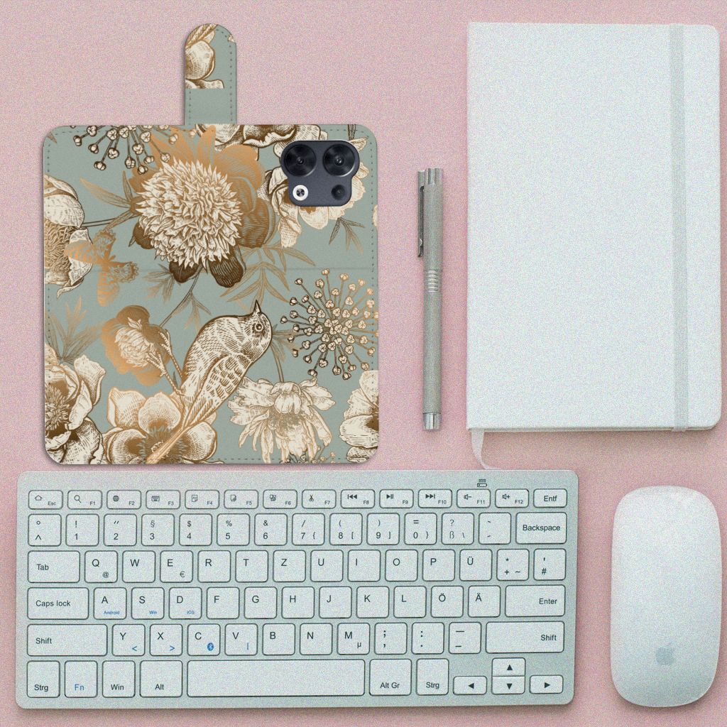 OPPO Reno8 Hoesje voor OPPO Reno8 Vintage Bird Flowers Vooraanzicht.