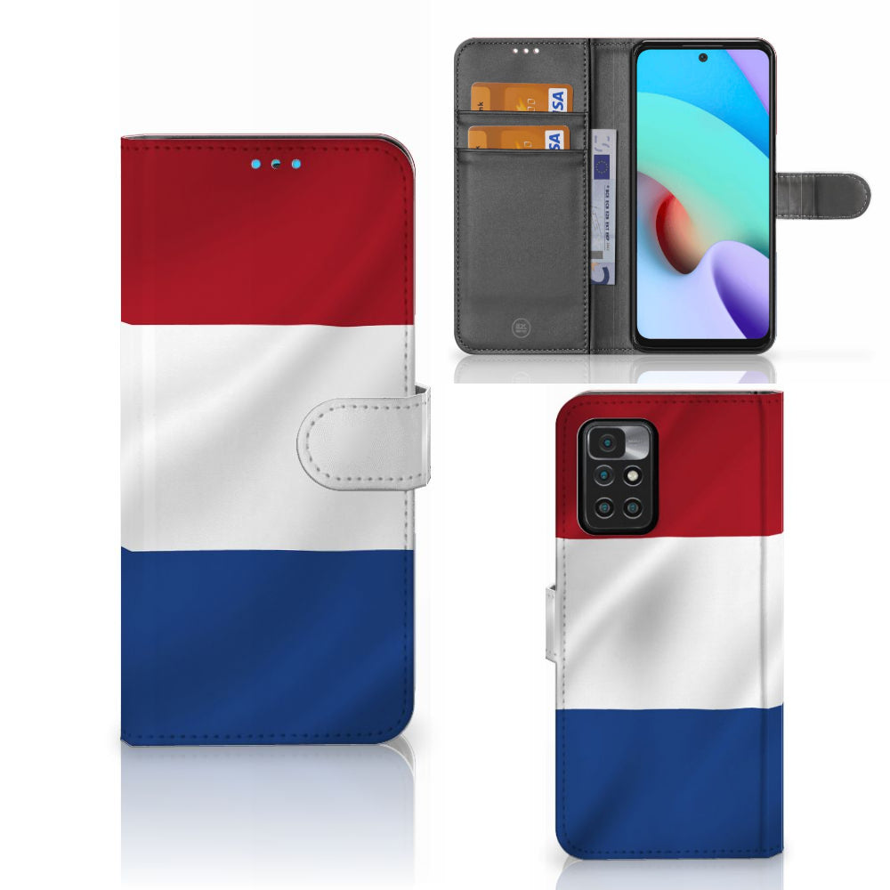 Xiaomi Redmi 10 Bookstyle Case Nederlandse Vlag met artistiek design en kaarthouder.