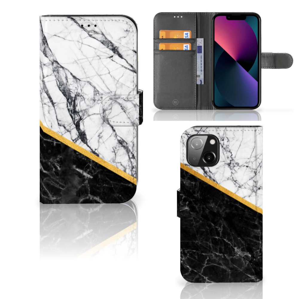 Apple iPhone 13 Bookcase Marmer Wit Zwart - Origineel Cadeau Man met luxe marmer design en gouden accenten.