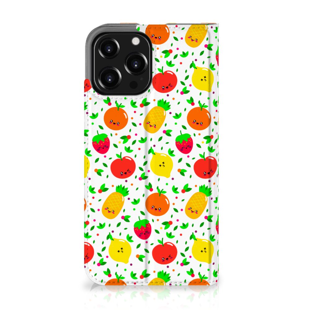 iPhone 13 Pro Max Flip Style Cover Fruits met vrolijke afbeeldingen van aardbeien, ananassen en citroenen 🍓🍍🍋.