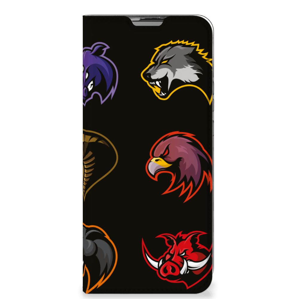 Motorola Moto G9 Power Magnet Case Cartoon met kleurrijke dierenkoppen op een zwart ontwerp.