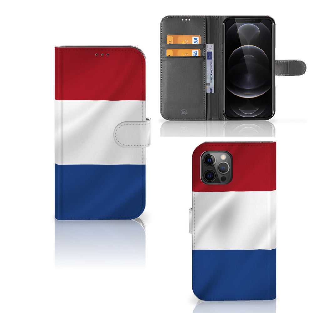 Apple iPhone 12 Pro Max Bookstyle Case Nederlandse Vlag met pasjes en artistiek ontwerp.