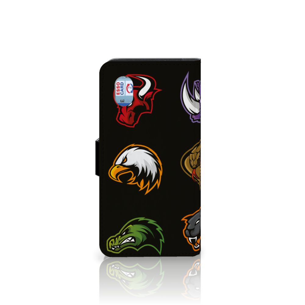 Alcatel 1B (2020) Leuk Hoesje Cartoon met verschillende cartoon dierenafbeeldingen op een zwarte achtergrond.