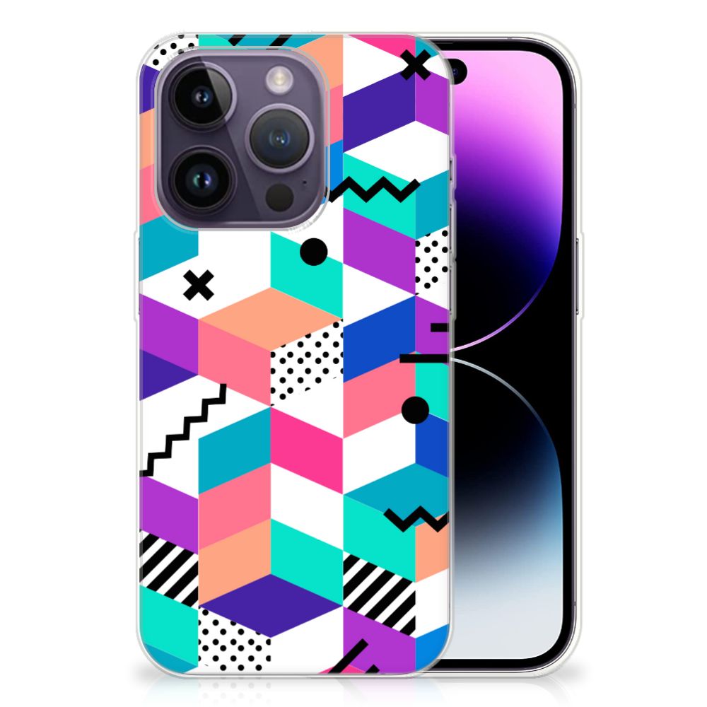 Apple iPhone 14 Pro TPU Hoesje Blokken Kleurrijk met abstract patroon en felle kleuren.