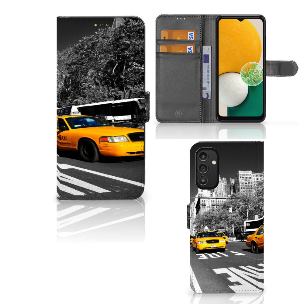 Samsung Galaxy A14 5G Flip Cover New York Taxi design in black and yellow featuring interior card slots.