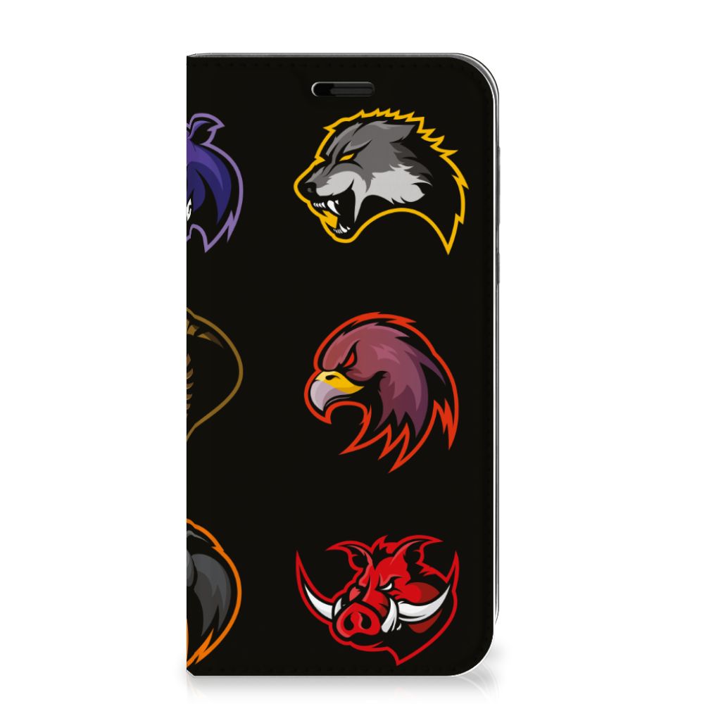 Motorola Moto G7 Play Magnet Case Cartoon met kleurrijke dierenhoofden op zwarte achtergrond.