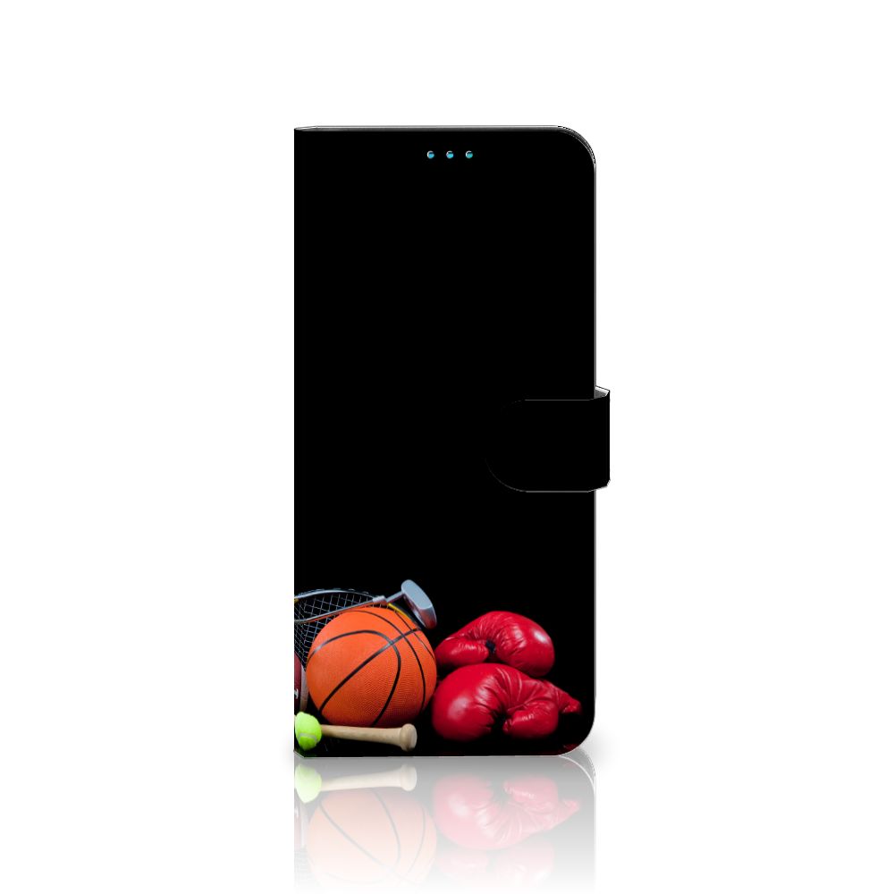 Motorola Moto G51 5G Wallet Case met Pasjes Sports met basketbal en bokshandschoenen op zwarte achtergrond.