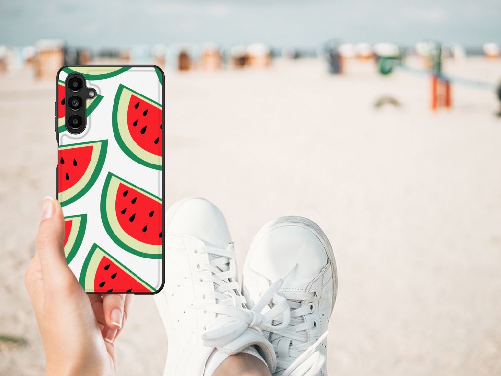 Samsung Galaxy A14 5G Back Cover Hoesje Watermelons in hand on the beach with sneakers in the foreground.