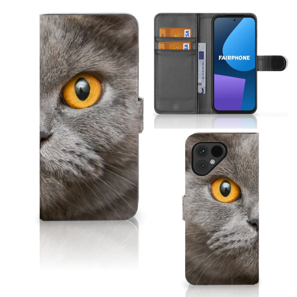 Telefoonhoesje met Pasjes Fairphone 5 Britse Korthaar met indrukwekkende afbeelding van een kat.