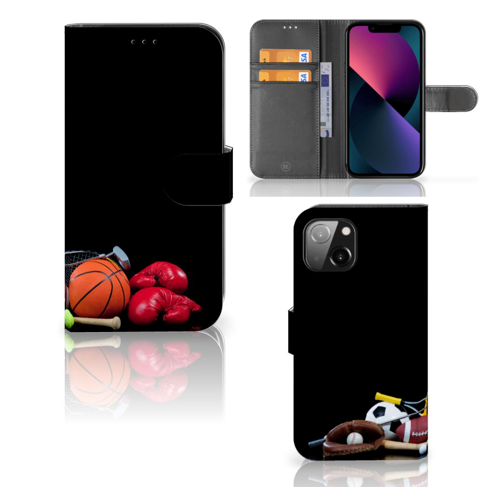 Apple iPhone 13 Wallet Case met Pasjes Sports met sportaccessoires zoals basketbal en bokshandschoenen.