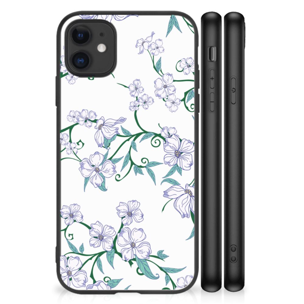 iPhone 11 Uniek Bloemen Hoesje Blossom White met bloemenprint en zwarte randen voor bescherming en stijl.