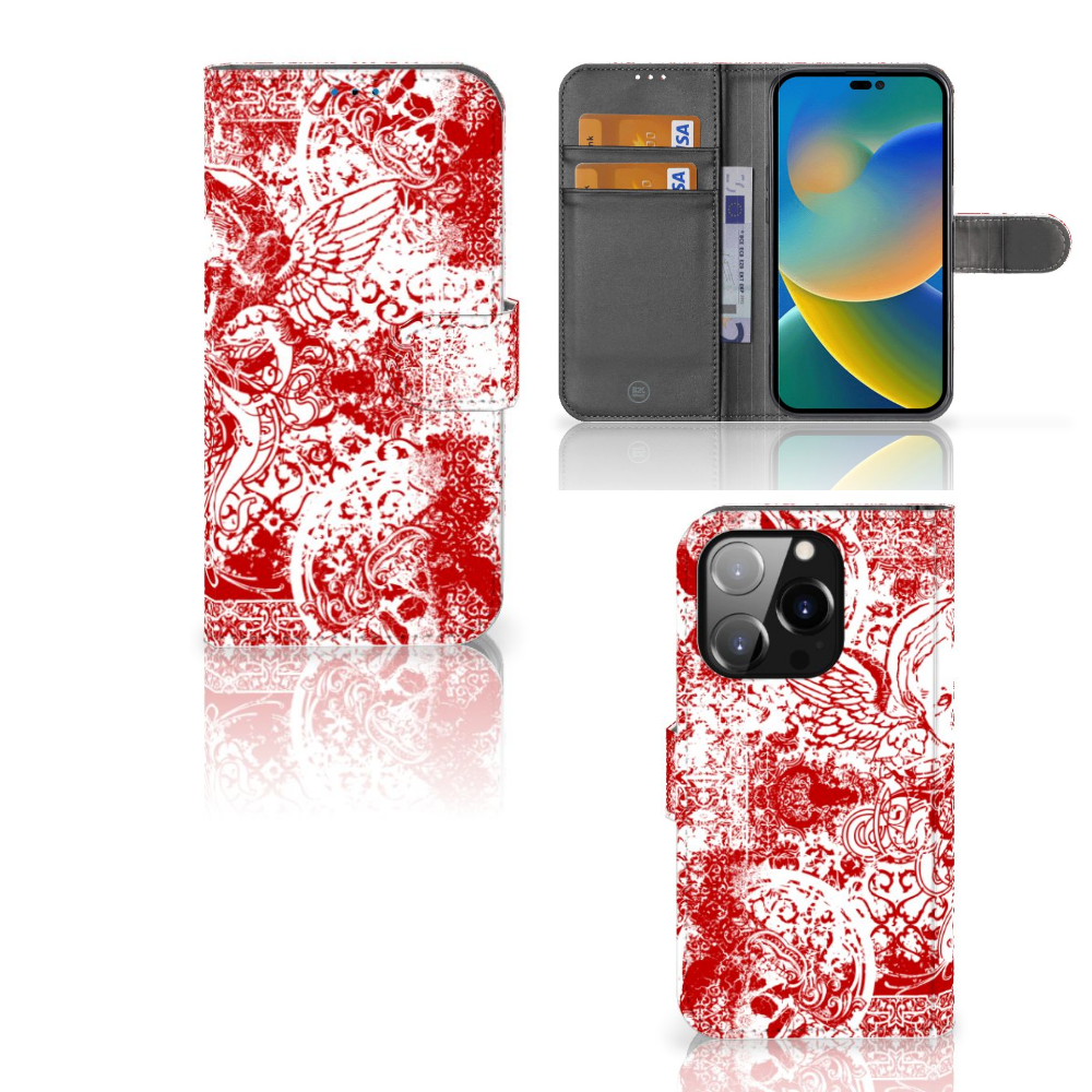 Telefoonhoesje met Naam iPhone 14 Pro Angel Skull Rood met bandana design en kaartvakjes 📱