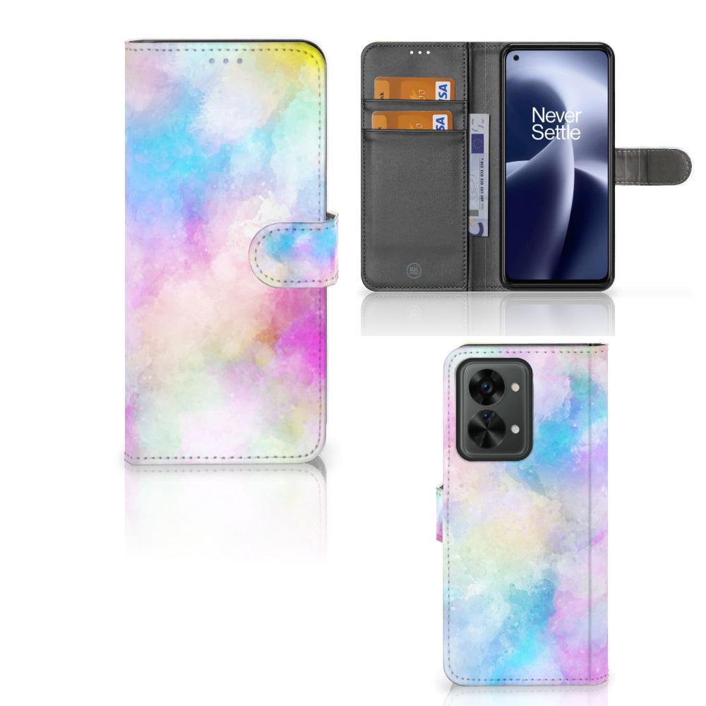 Hoesje OnePlus Nord 2T Watercolor Light met pastel kleuren en pasjeshouder, uniek en kleurrijk ontwerp.