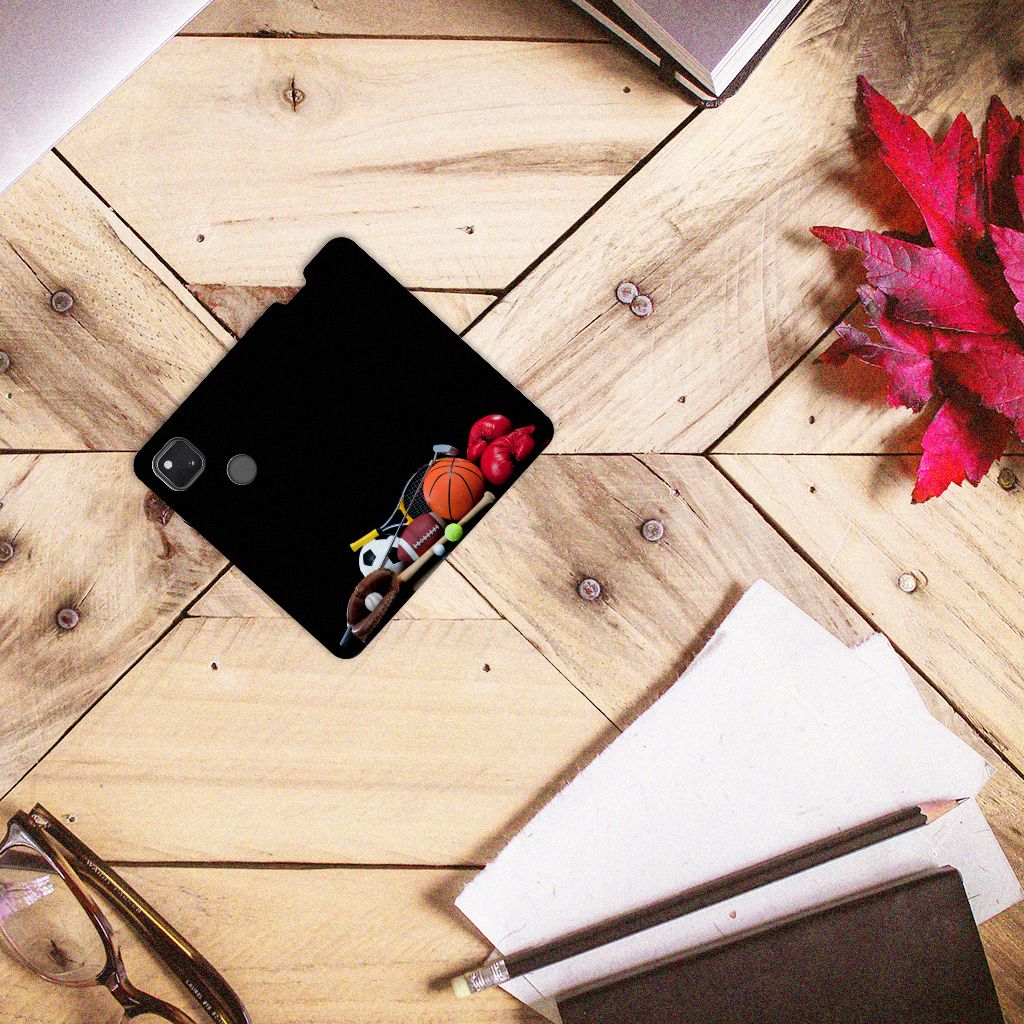 Google Pixel 4a Hippe Standcase Sports met sportaccessoires op een houten tafel