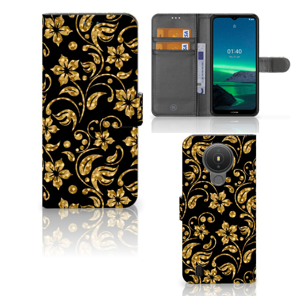 Nokia 1.4 Hoesje Gouden Bloemen