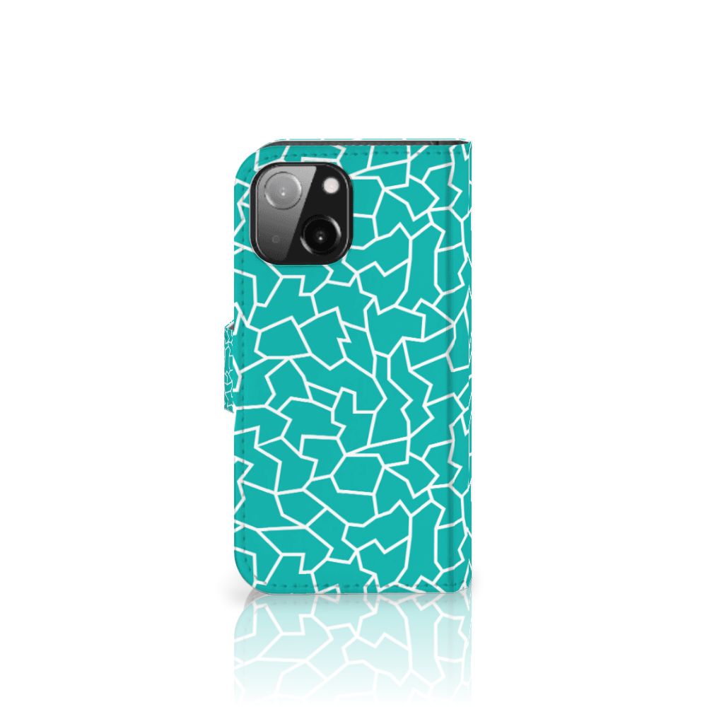 iPhone 13 Mini Hoesje Cracks Blue met een turquoise achtergrond en stijlvolle barstenpatroon 🌀.