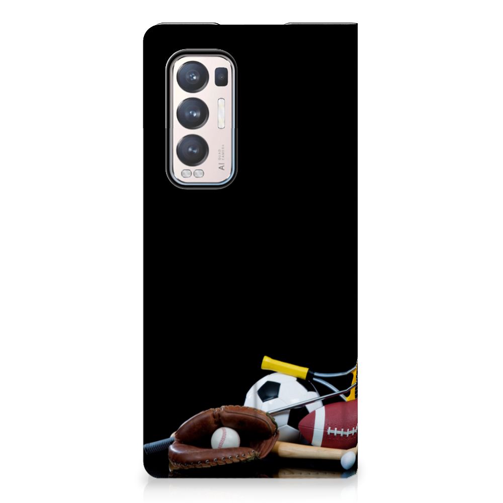 OPPO Find X3 Neo Hippe Standcase Sports met diverse sportuitrusting en accessoires op zwarte achtergrond.