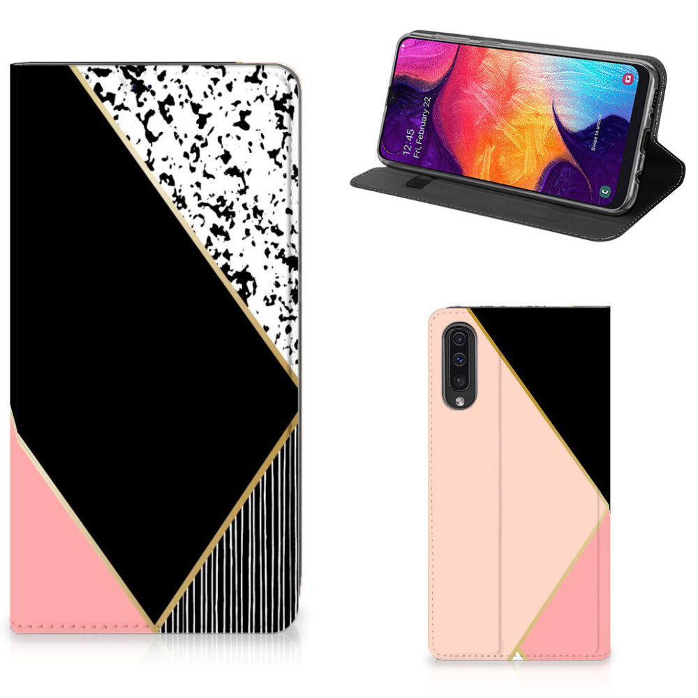 Samsung Galaxy A50 Stand Case Zwart Roze Vormen