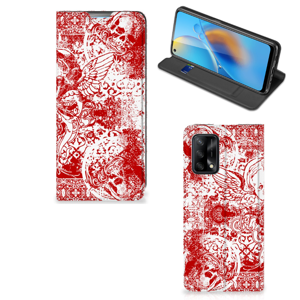Mobiel BookCase OPPO A74 4G Angel Skull Rood - B2C Telecom