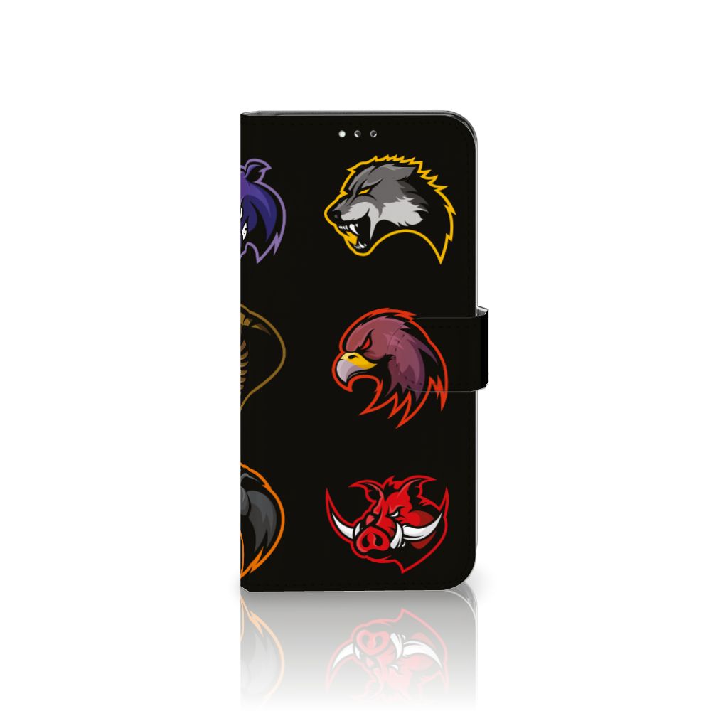 Leuk Samsung Galaxy A12 Leuk Hoesje Cartoon met kleurrijke cartoon dierenlogo's op zwarte achtergrond.