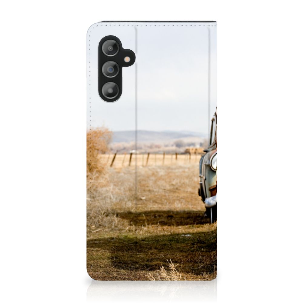 Samsung Galaxy A14 5G Stand Case Vintage Auto with retro car design on a rural background.
