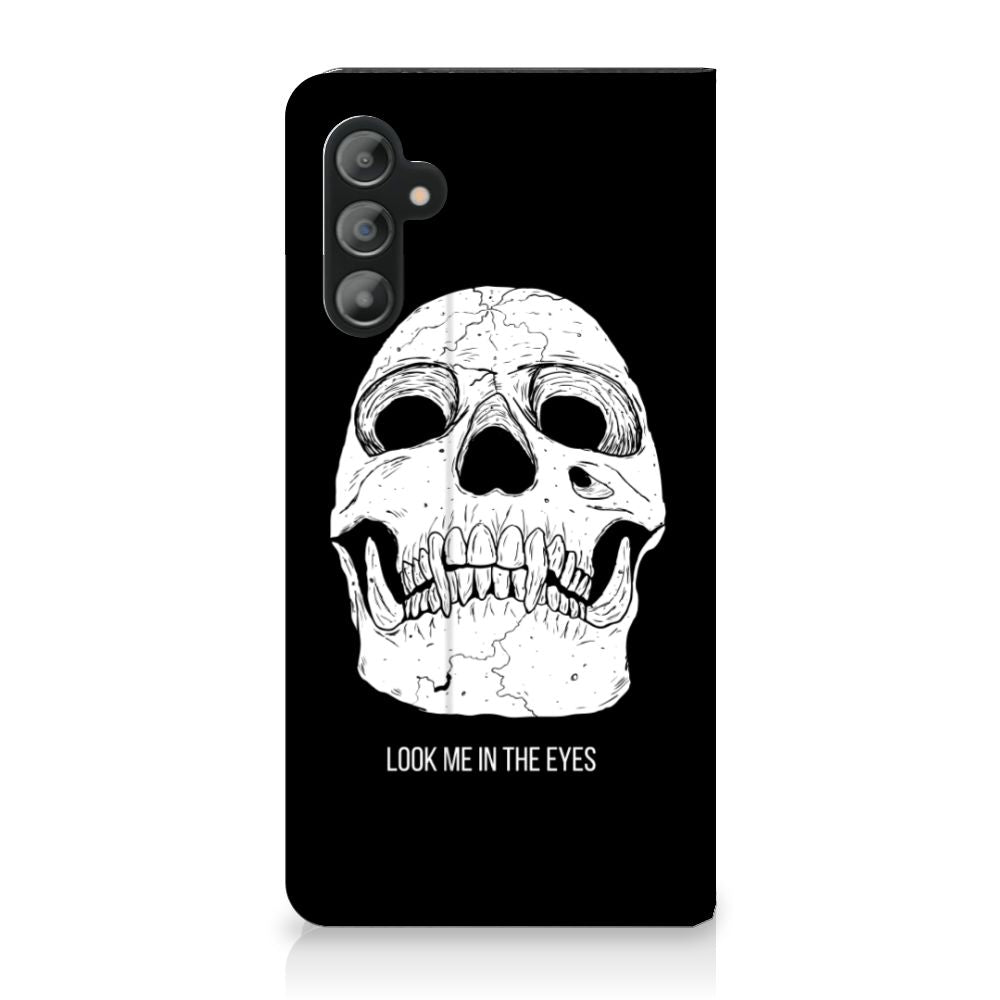 Mobiel BookCase Samsung Galaxy A14 5G Skull Eyes met skull design en tekst 'LOOK ME IN THE EYES'.
