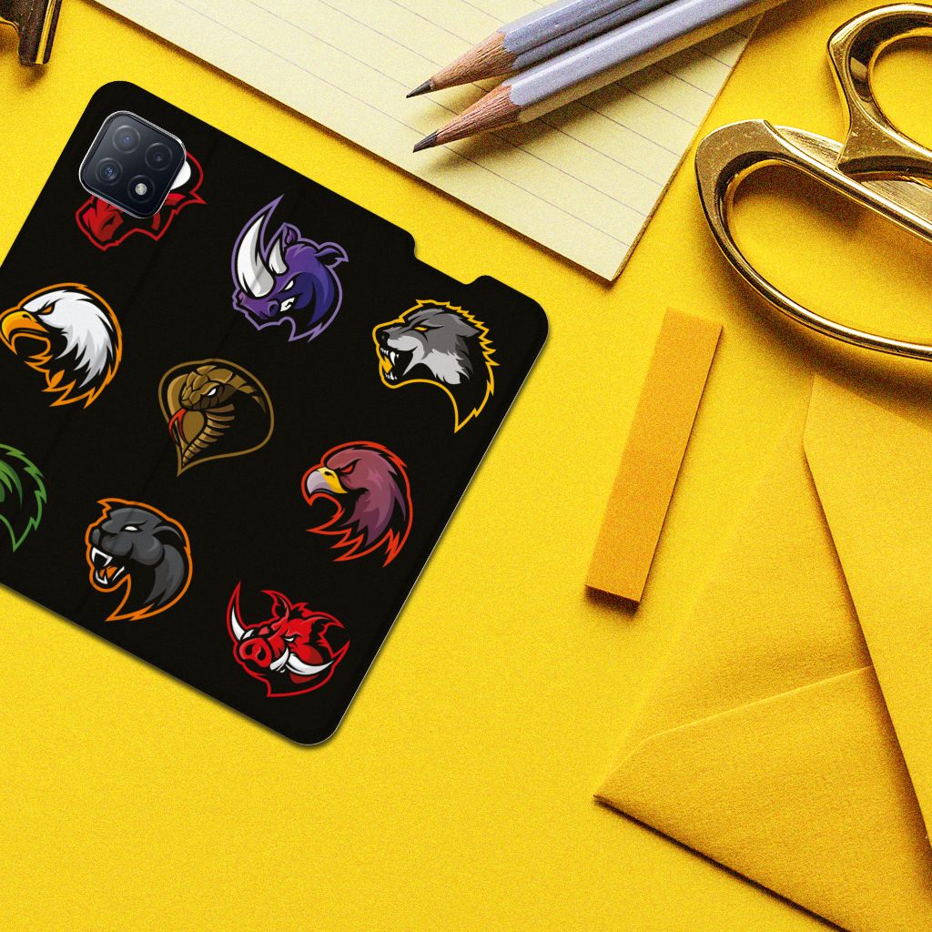 OPPO A73 5G Magnet Case Cartoon with colorful animal designs on a black background, showcasing various cartoon characters.