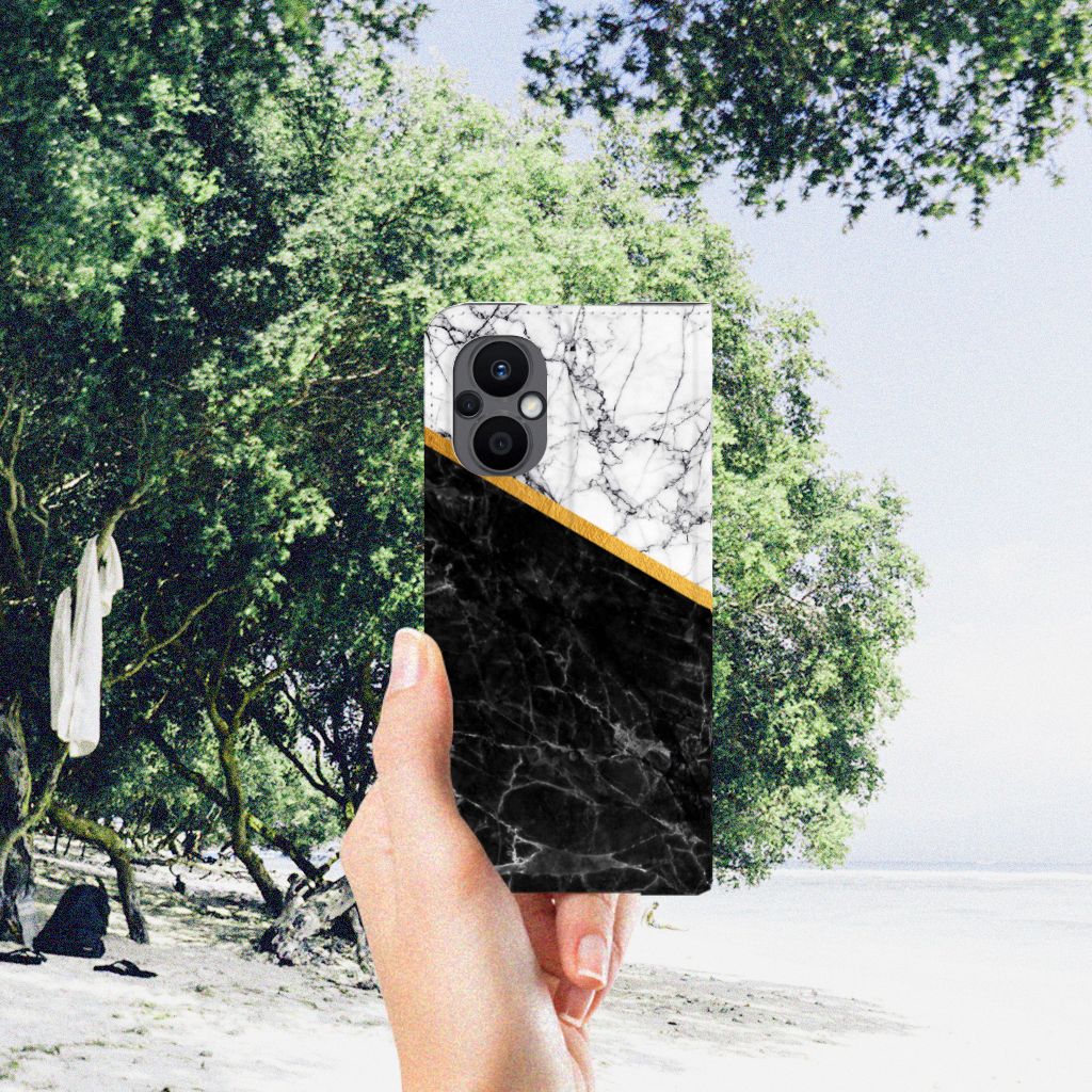 OPPO Reno8 Lite Standcase Marmer Wit Zwart - Origineel Cadeau Man - B2C Telecom