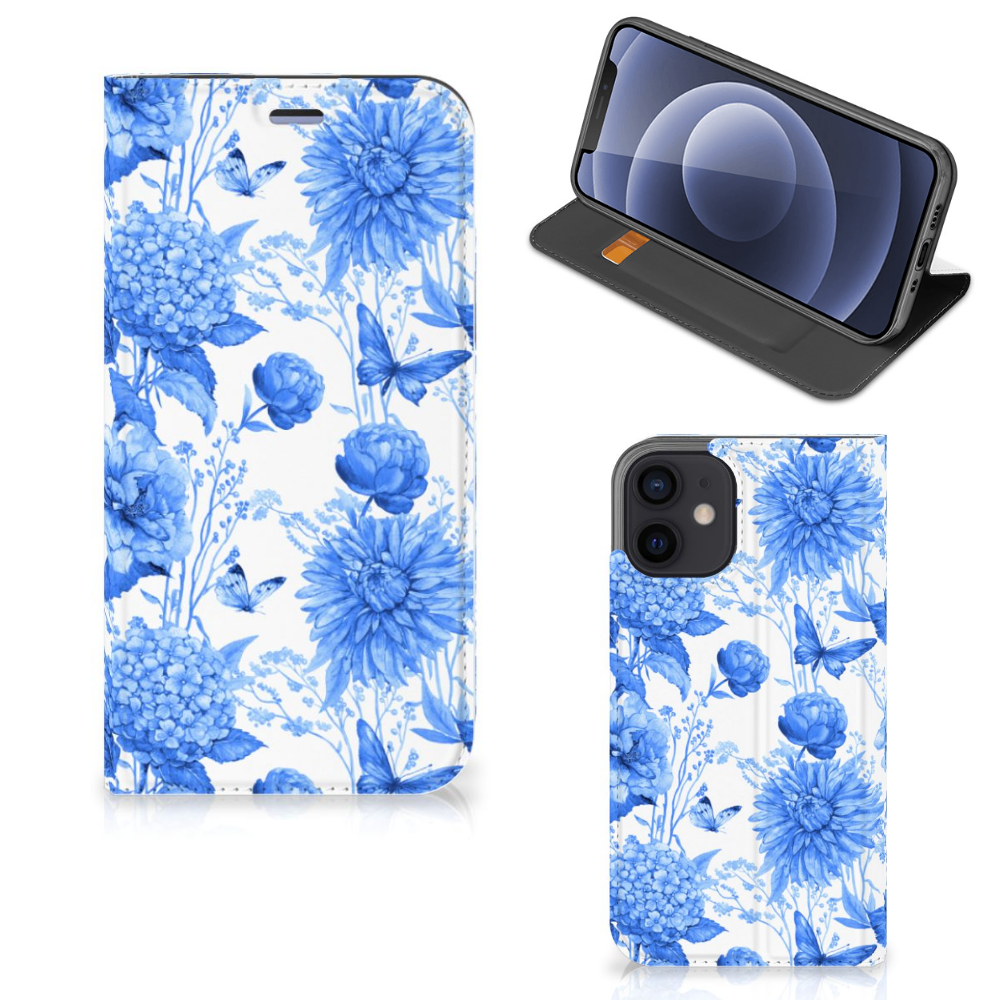 Smart Cover voor iPhone 12 Mini Flowers Blue met prachtig Delftsblauwe bloemendesign 💐.