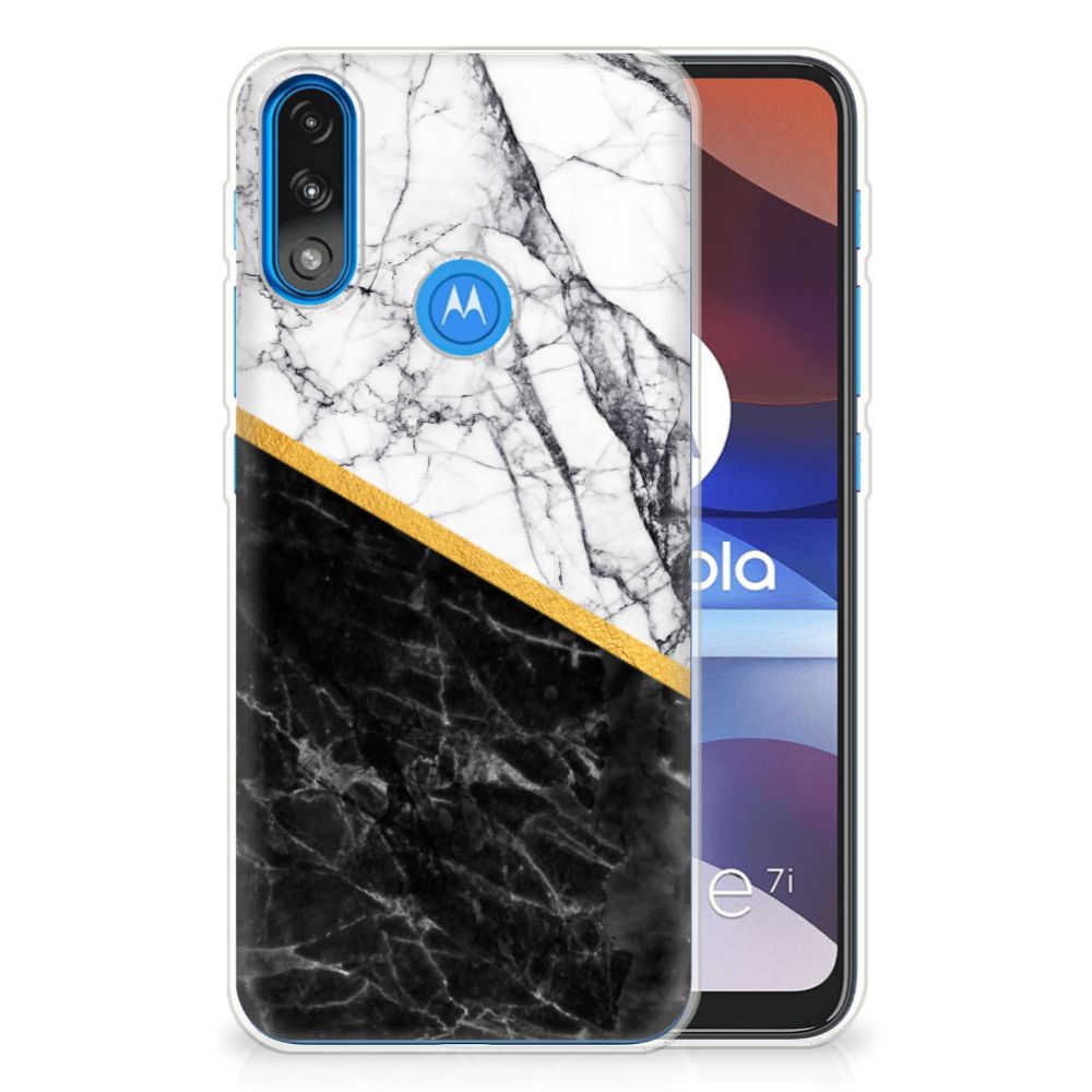 Motorola Moto E7/E7i Power TPU Siliconen Hoesje Marmer Wit Zwart - Origineel Cadeau Man