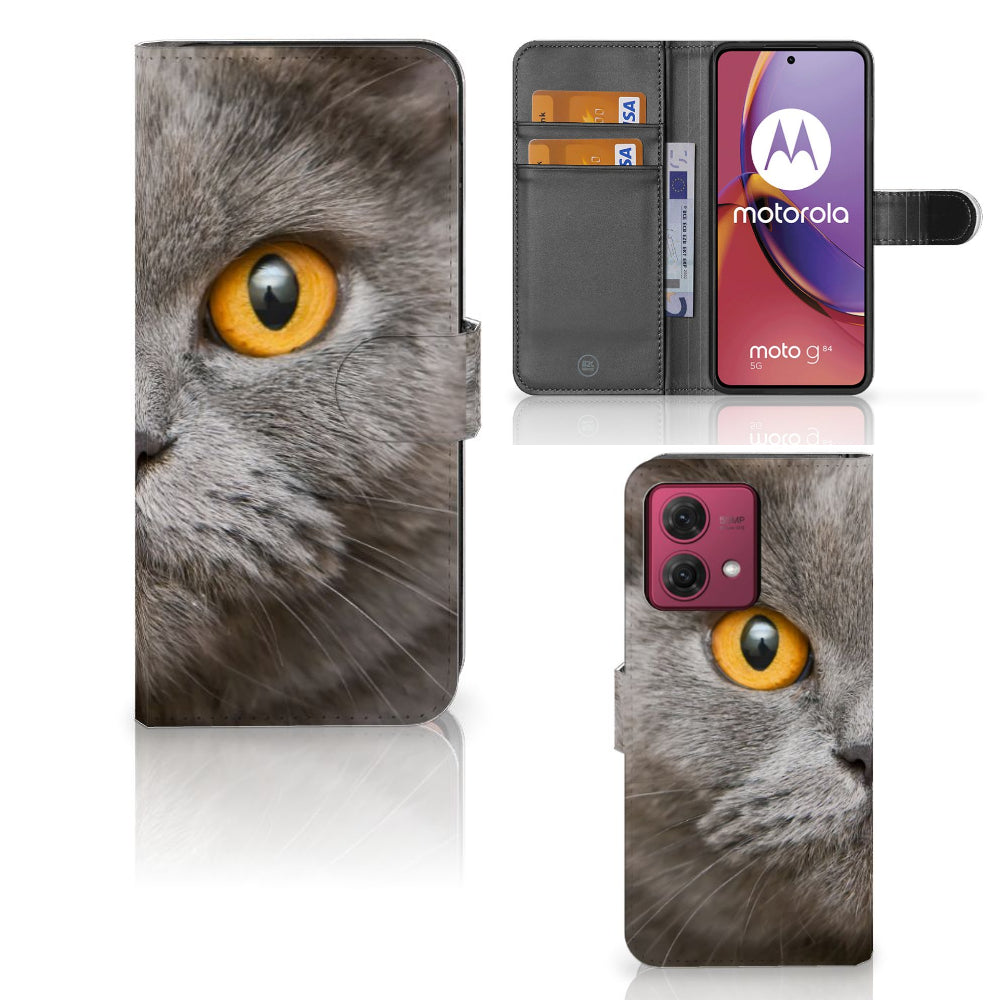 Telefoonhoesje met Pasjes Motorola Moto G84 Britse Korthaar met afbeelding van grijze kat met gele ogen.