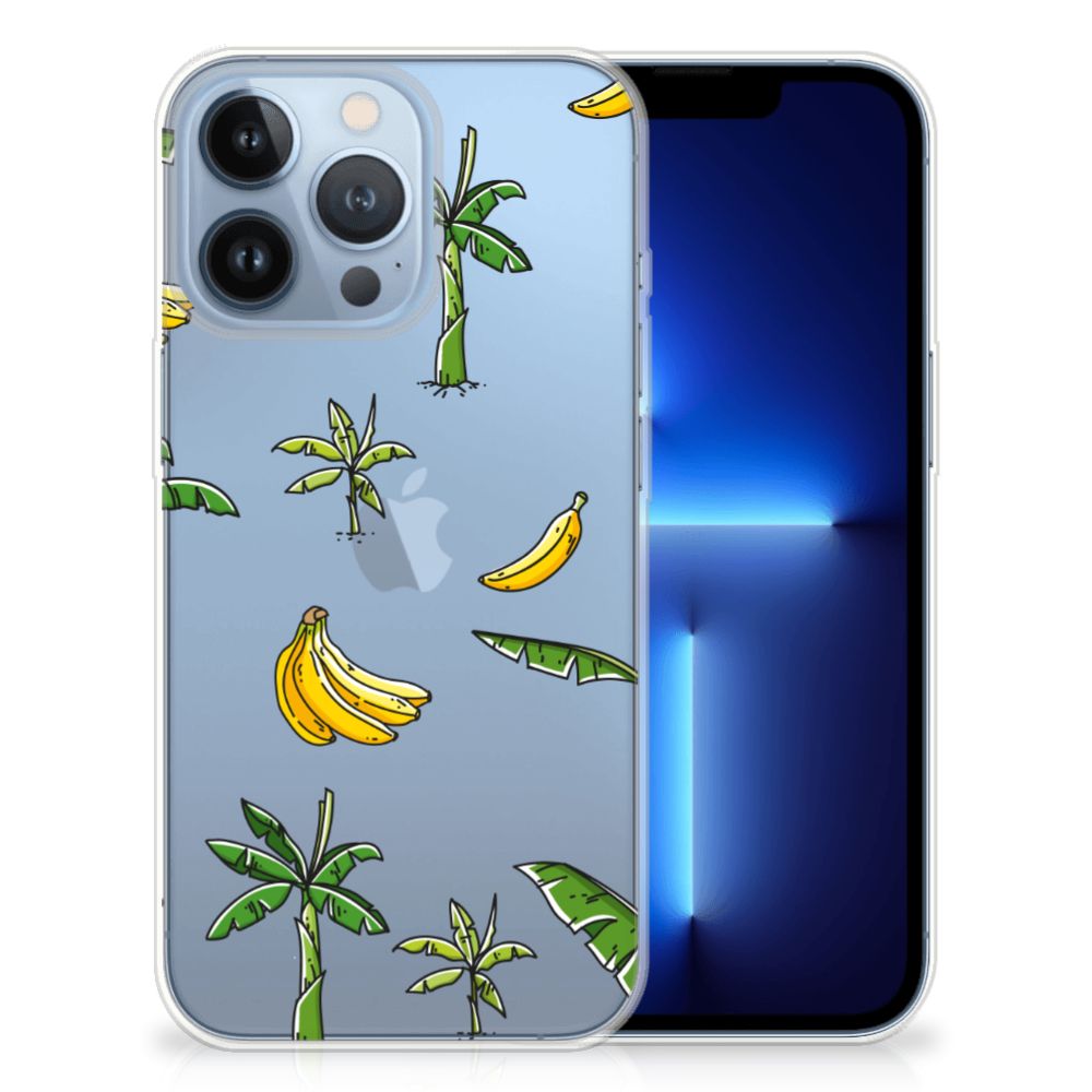 Apple iPhone 13 Pro TPU Case Banana Tree met vrolijke bananen en palmbomen op een blauwe achtergrond.
