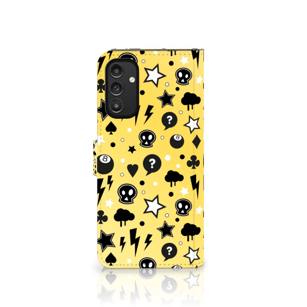 Telefoonhoesje met Naam Samsung Galaxy A14 5G Punk Geel met zwart-witte designs op een gele achtergrond.