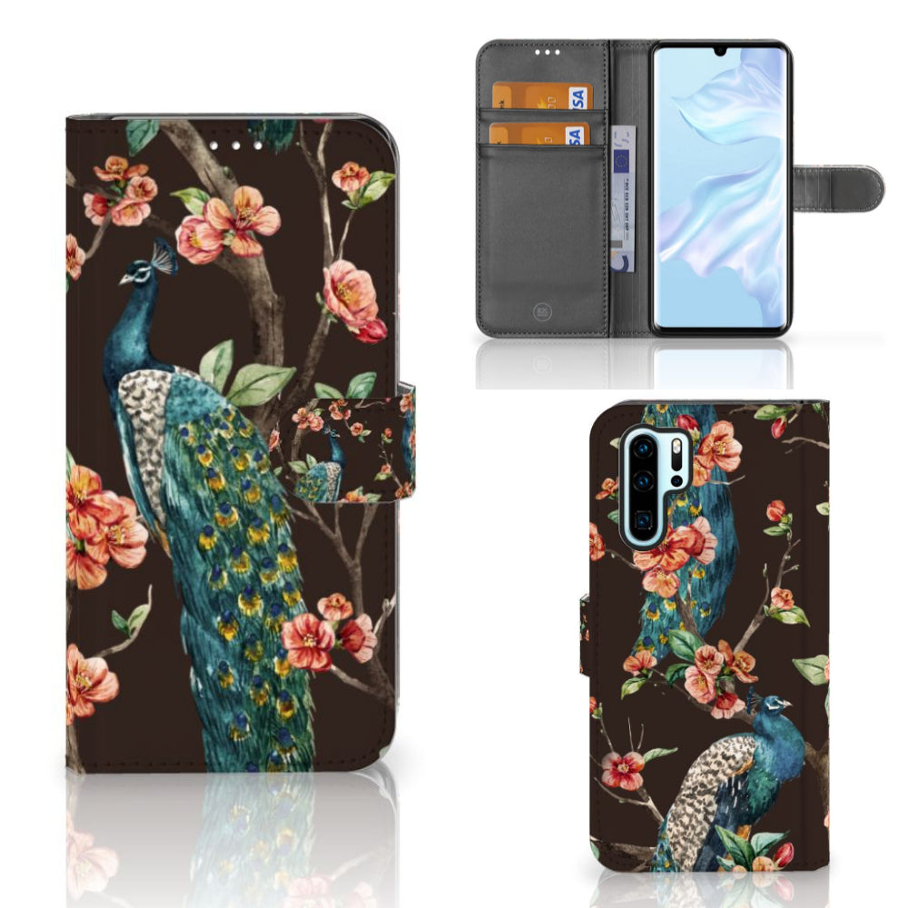 Huawei P30 Pro Telefoonhoesje met Pasjes Pauw met Bloemen