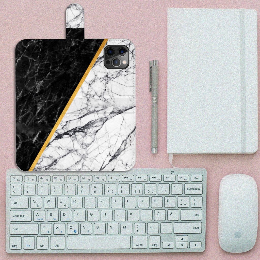Apple iPhone 12 Pro Max Bookcase Marmer Wit Zwart - Origineel Cadeau Man