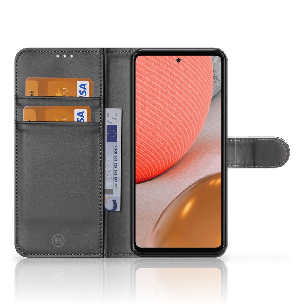 Samsung Galaxy A72 Wallet Case met Pasjes Sports met pasjeshouders en een scherm in zicht.