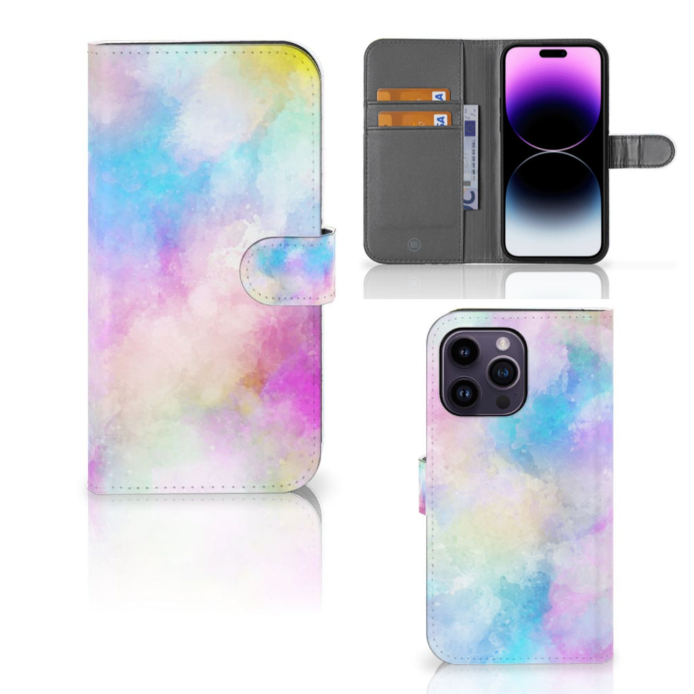 Hoesje iPhone 15 Pro Max Watercolor Light met pasjeshouder in pastelkleuren.