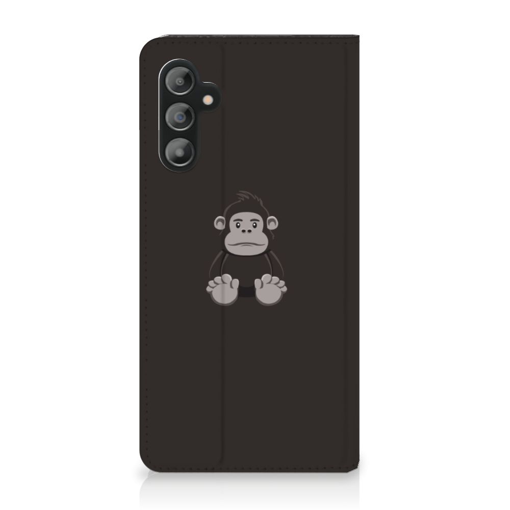 Samsung Galaxy A14 4G Magnet Case Gorilla met schattige gorilla afbeelding op zwarte achtergrond.