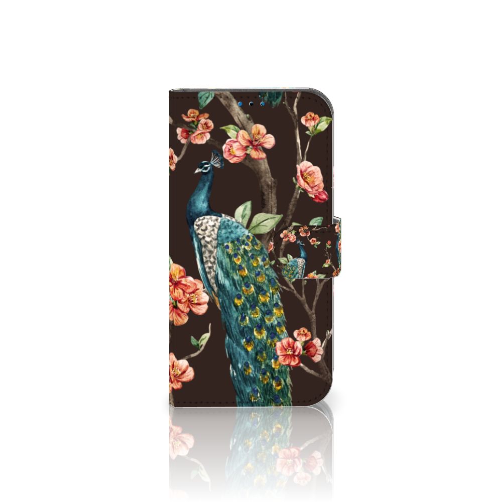 iPhone 14 Pro Telefoonhoesje met Pasjes Pauw met Bloemen