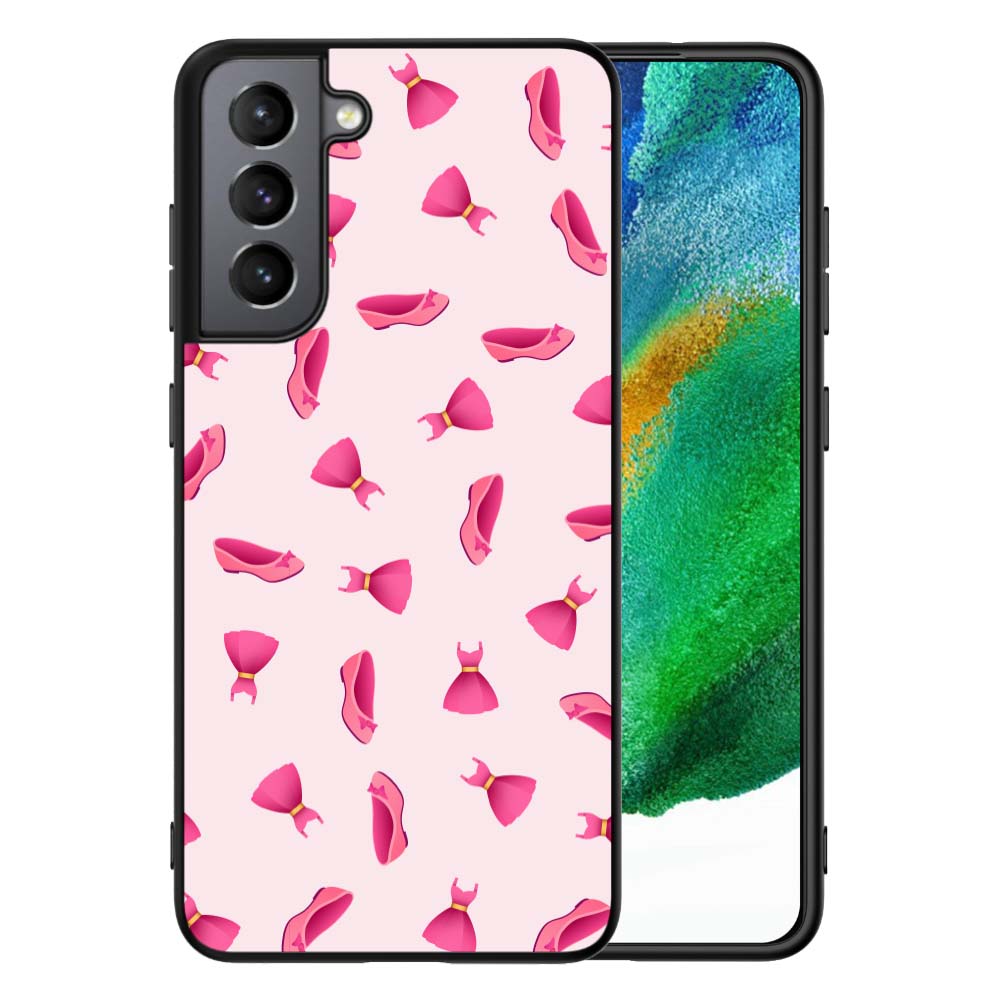Fotohoesje Galaxy S21 FE Back Cover Ontwerpen met roze jurken patroon op een lichtroze achtergrond.